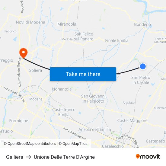 Galliera to Unione Delle Terre D'Argine map