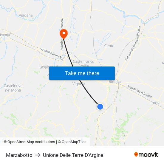 Marzabotto to Unione Delle Terre D'Argine map