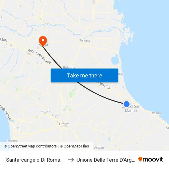 Santarcangelo Di Romagna to Unione Delle Terre D'Argine map