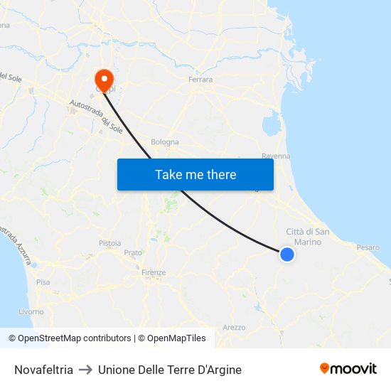 Novafeltria to Unione Delle Terre D'Argine map