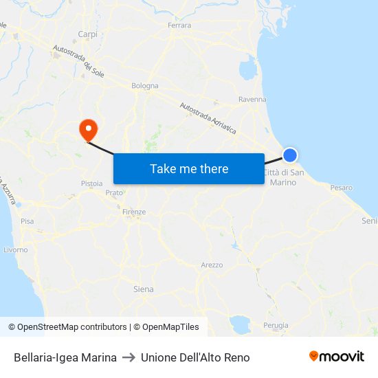 Bellaria-Igea Marina to Unione Dell'Alto Reno map