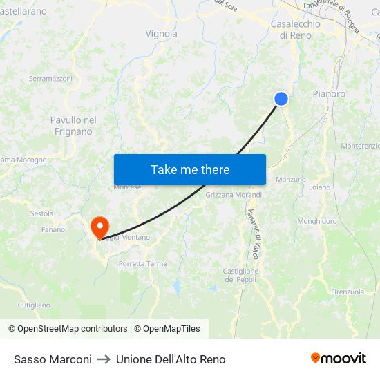 Sasso Marconi to Unione Dell'Alto Reno map