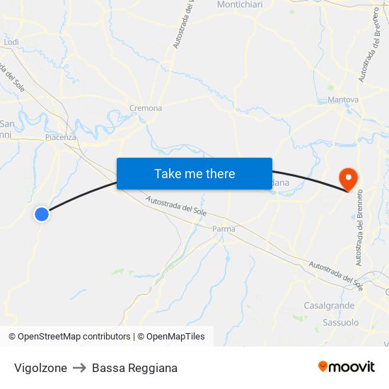 Vigolzone to Bassa Reggiana map