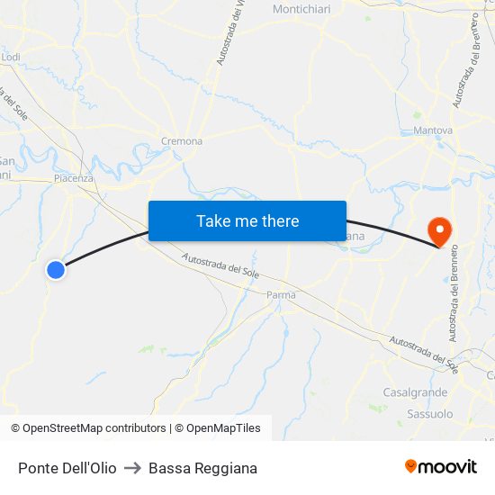 Ponte Dell'Olio to Bassa Reggiana map