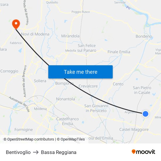 Bentivoglio to Bassa Reggiana map