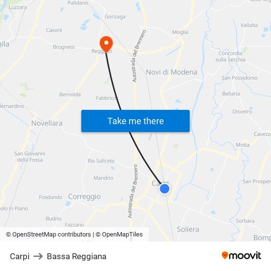 Carpi to Bassa Reggiana map