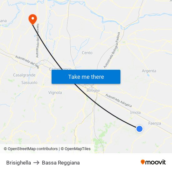 Brisighella to Bassa Reggiana map