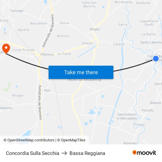 Concordia Sulla Secchia to Bassa Reggiana map