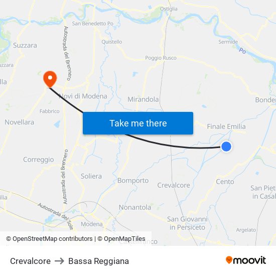 Crevalcore to Bassa Reggiana map