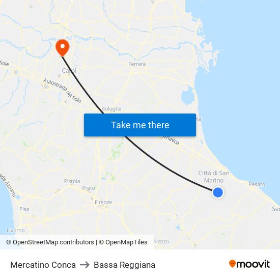 Mercatino Conca to Bassa Reggiana map