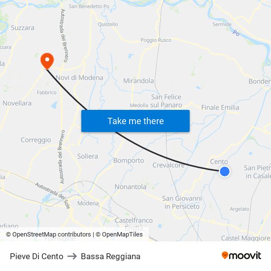 Pieve Di Cento to Bassa Reggiana map