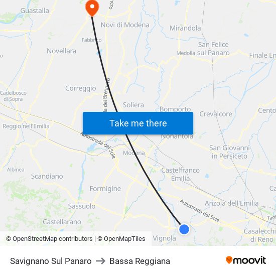 Savignano Sul Panaro to Bassa Reggiana map