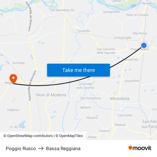 Poggio Rusco to Bassa Reggiana map