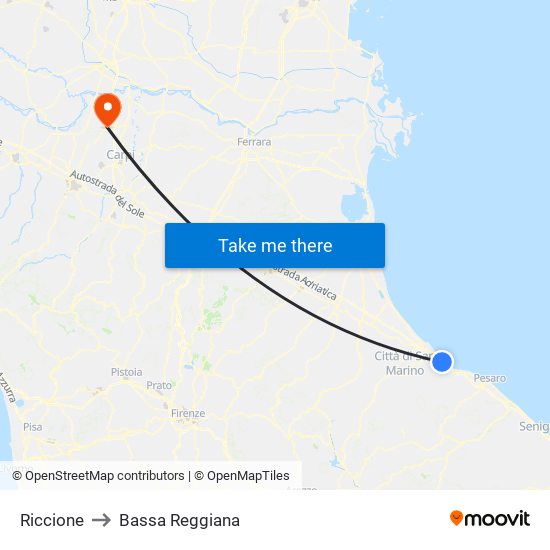 Riccione to Bassa Reggiana map