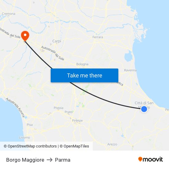 Borgo Maggiore to Parma map