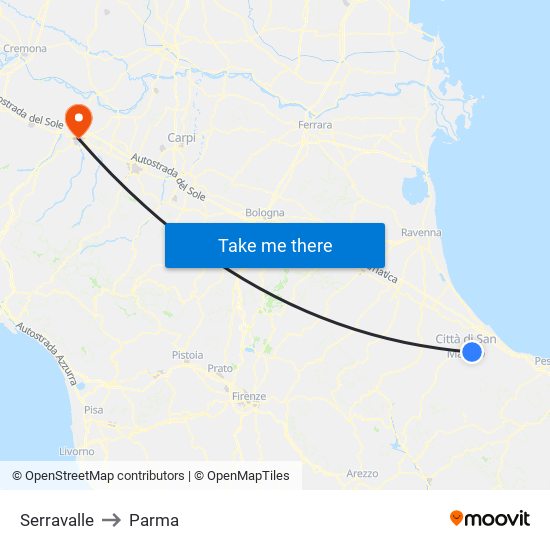 Serravalle to Parma map