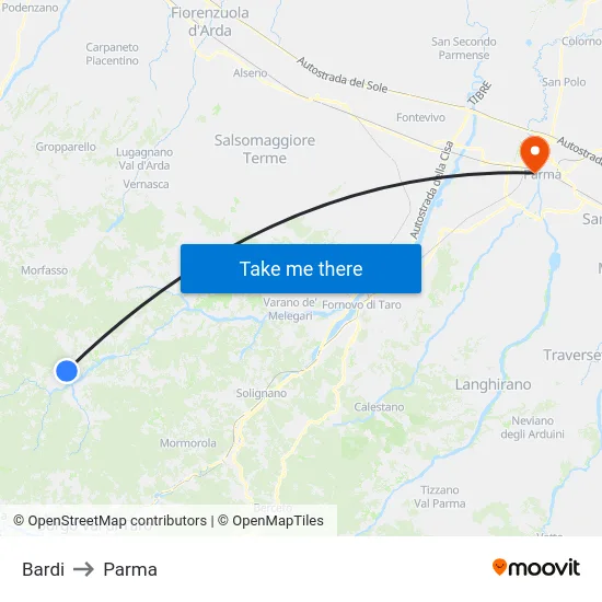 Bardi to Parma map