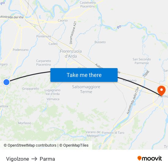 Vigolzone to Parma map
