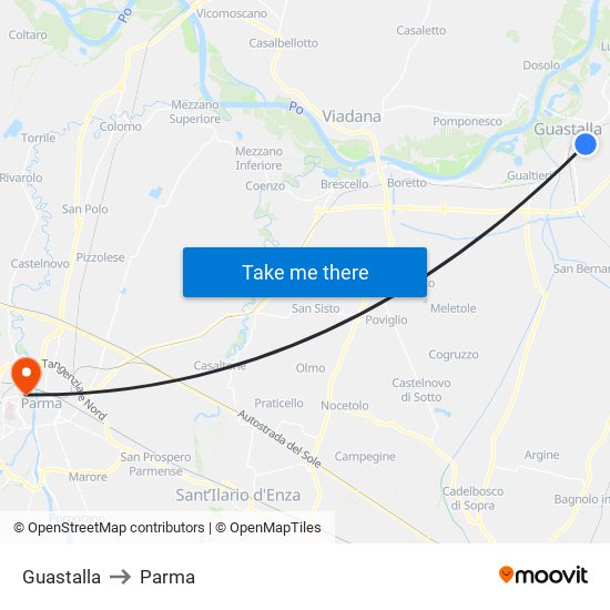 Guastalla to Parma map