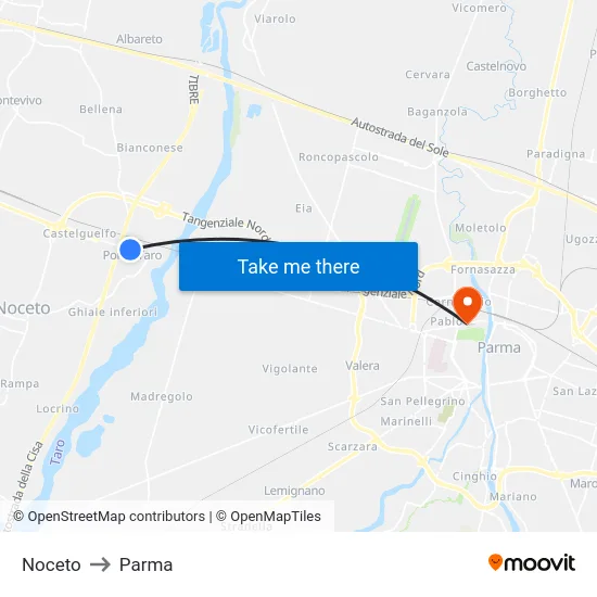 Noceto to Parma map