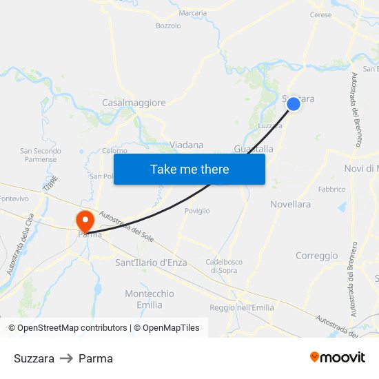 Suzzara to Parma map