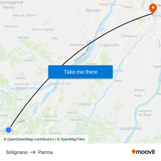 Solignano to Parma map