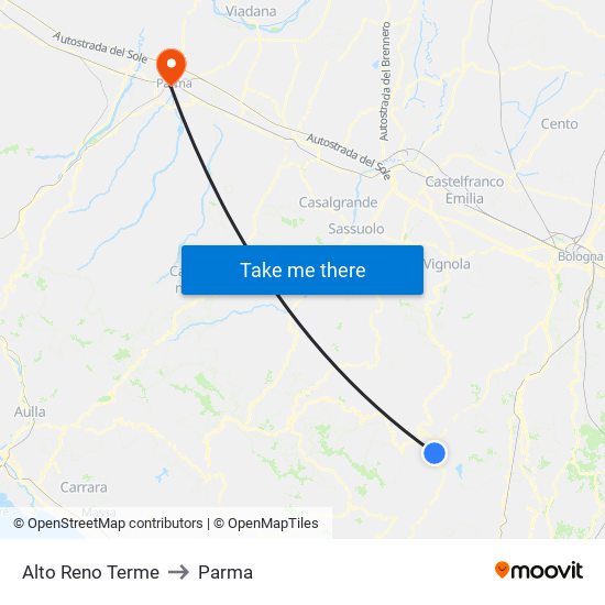 Alto Reno Terme to Parma map