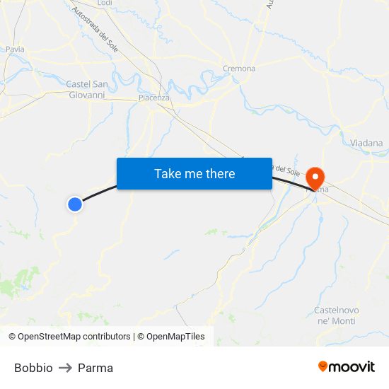 Bobbio to Parma map