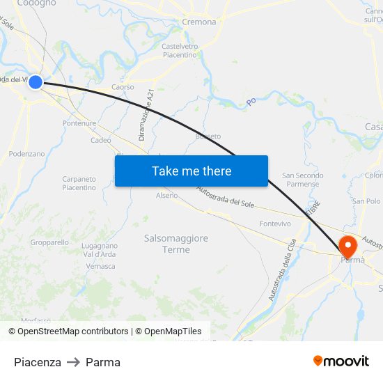 Piacenza to Parma map