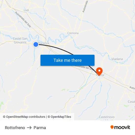 Rottofreno to Parma map