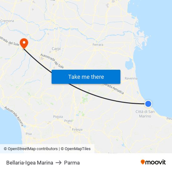 Bellaria-Igea Marina to Parma map