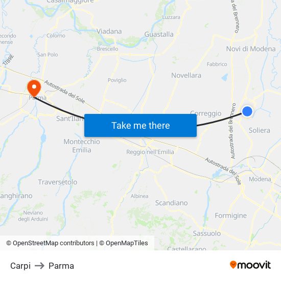 Carpi to Parma map