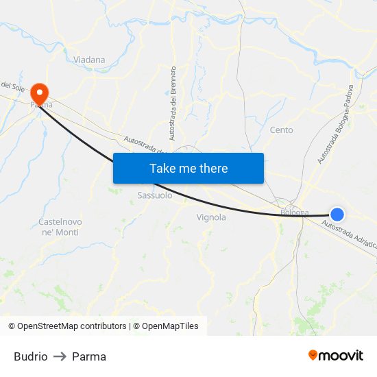 Budrio to Parma map