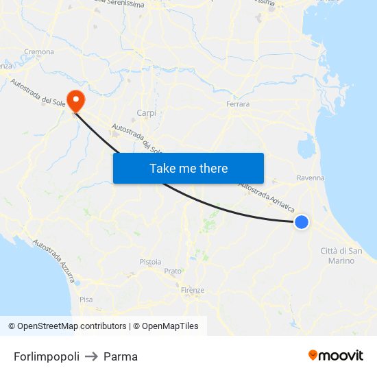 Forlimpopoli to Parma map
