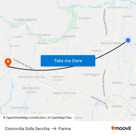 Concordia Sulla Secchia to Parma map