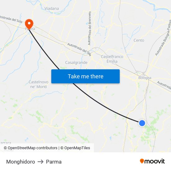 Monghidoro to Parma map