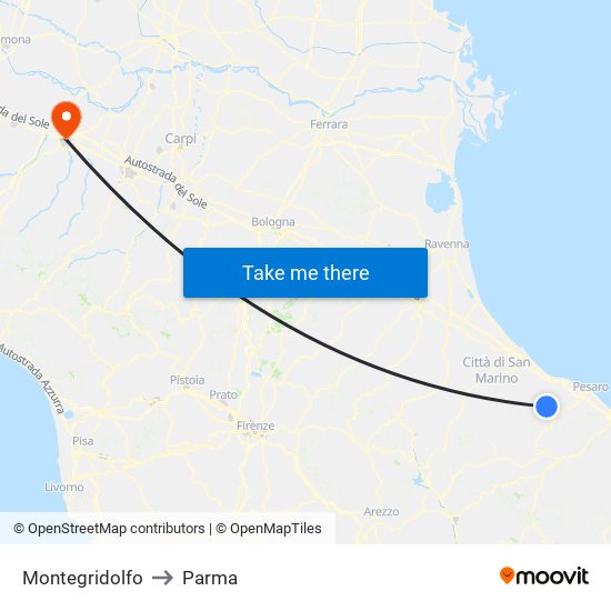 Montegridolfo to Parma map