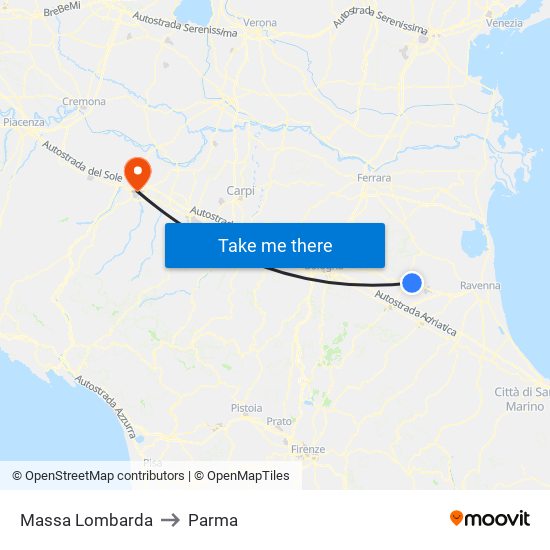Massa Lombarda to Parma map