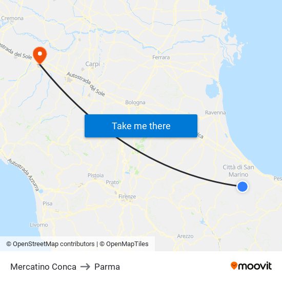 Mercatino Conca to Parma map