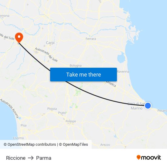 Riccione to Parma map