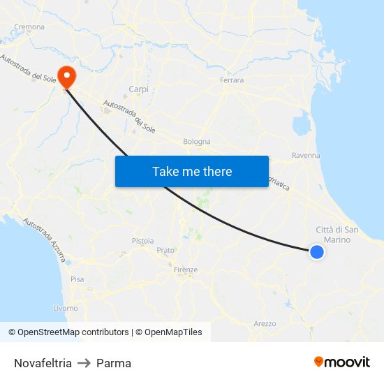 Novafeltria to Parma map