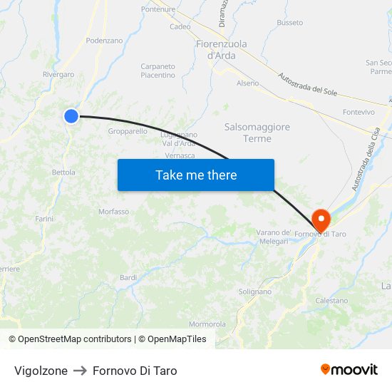 Vigolzone to Fornovo Di Taro map