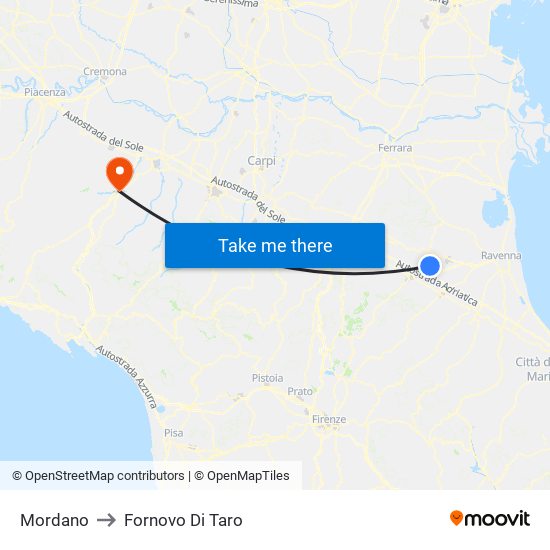 Mordano to Fornovo Di Taro map
