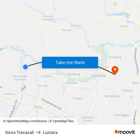 Sissa Trecasali to Luzzara map