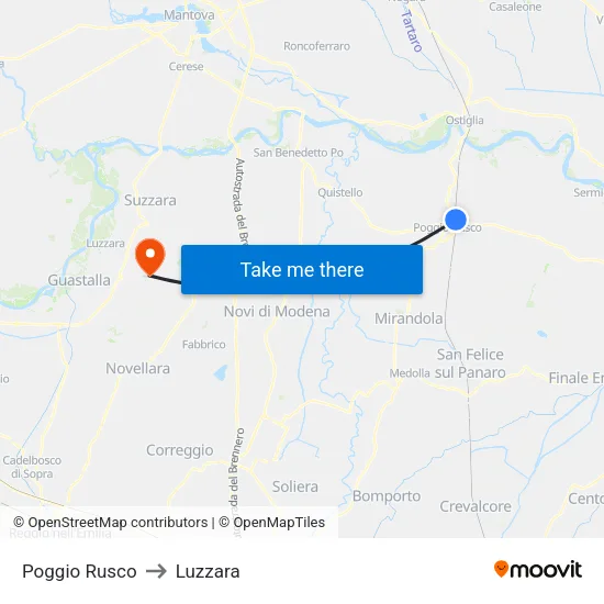 Poggio Rusco to Luzzara map