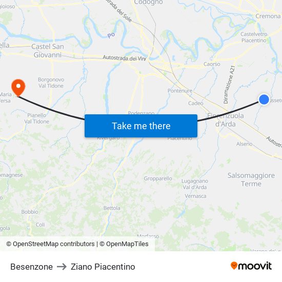 Besenzone to Ziano Piacentino map