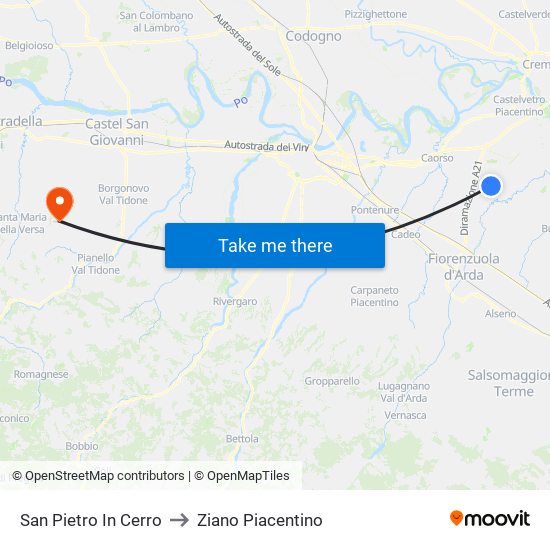 San Pietro In Cerro to Ziano Piacentino map