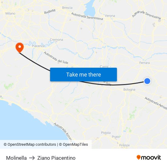 Molinella to Ziano Piacentino map