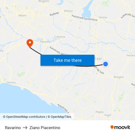 Ravarino to Ziano Piacentino map