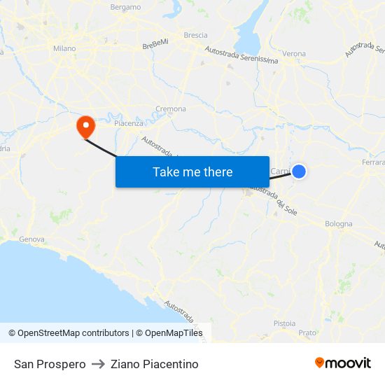 San Prospero to Ziano Piacentino map